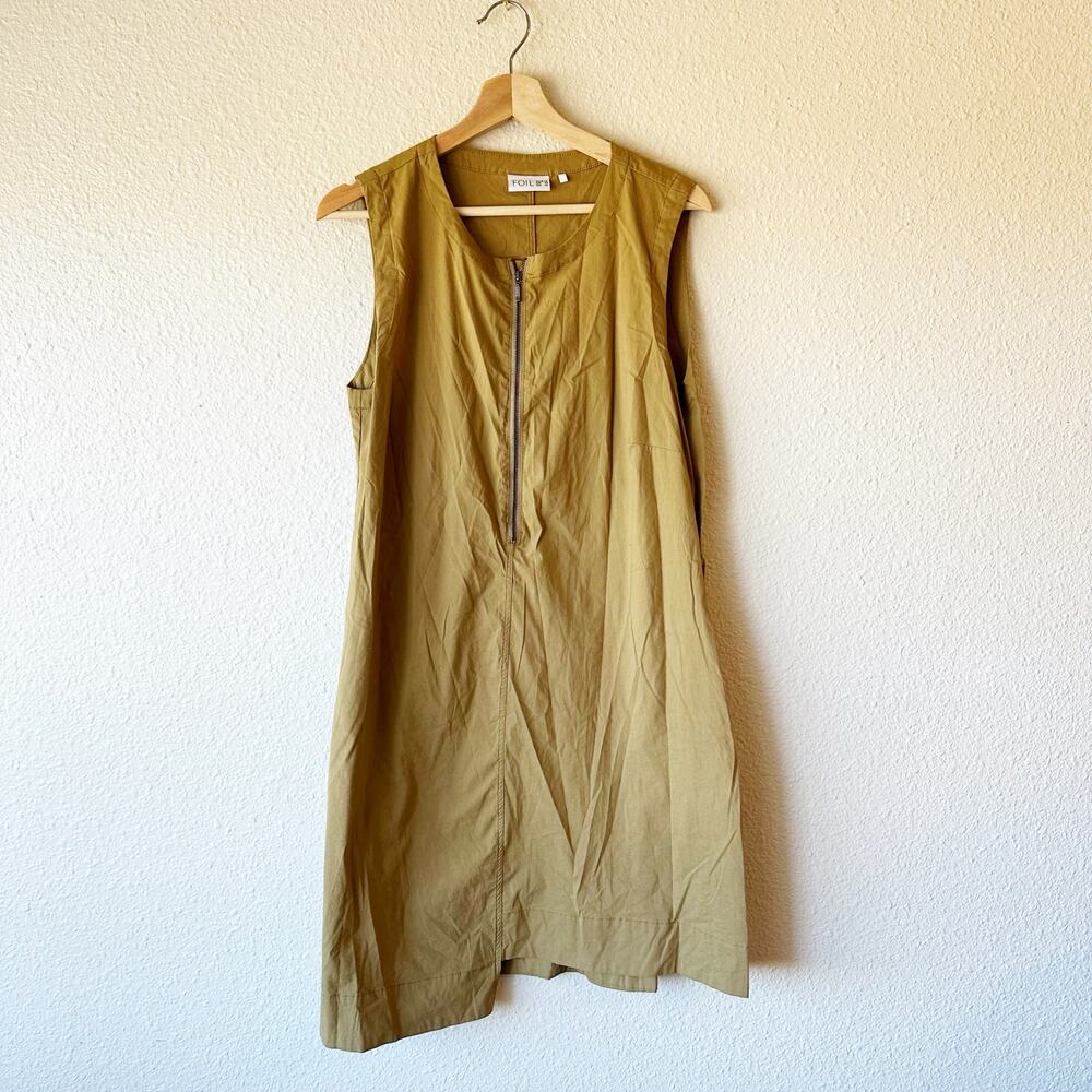 Foil Mustard Olive Green Zip front Asymmetrical Sleeveless Dress sz US 10